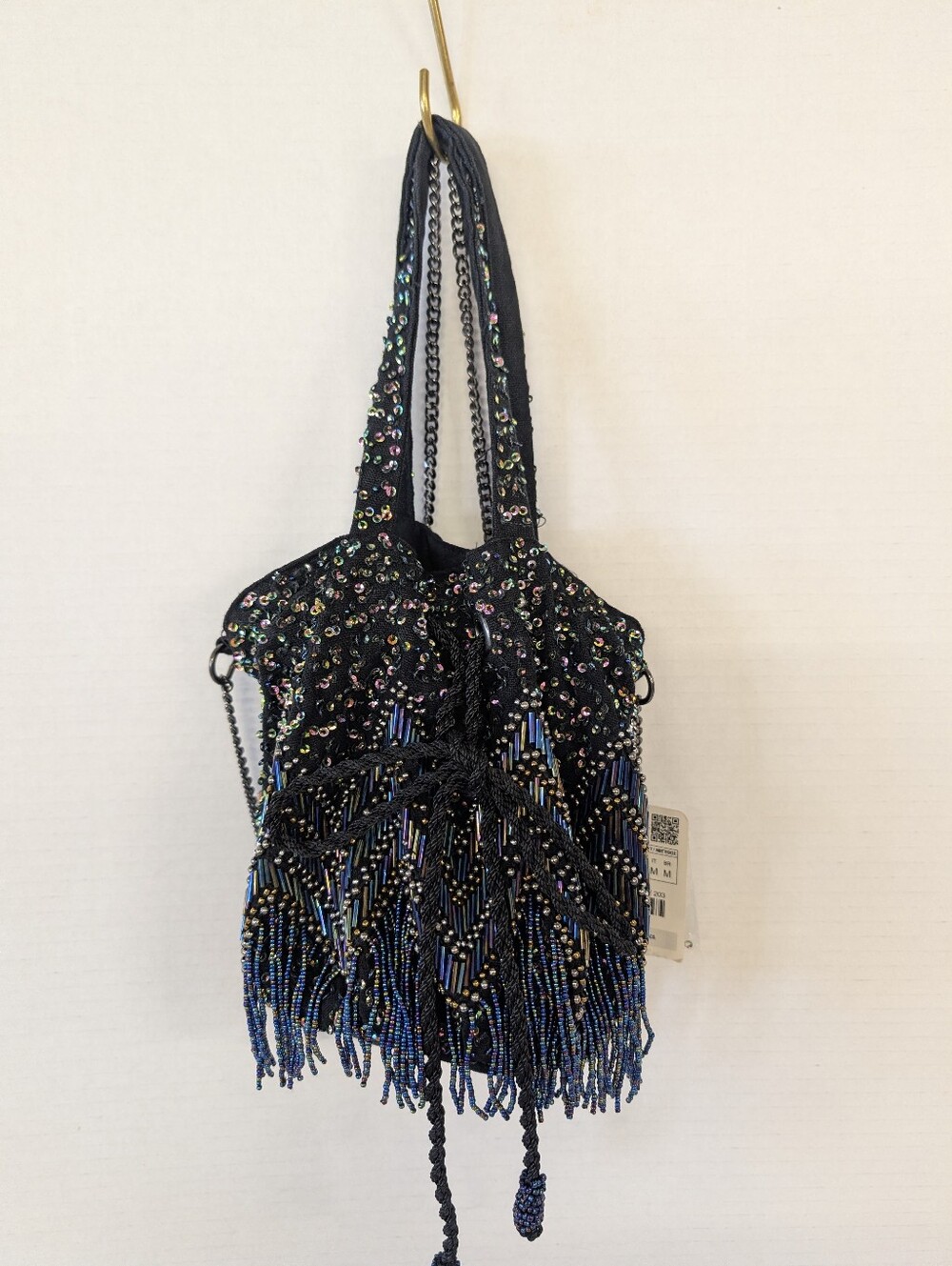 Bag Mini Black Beaded Fringe Iridescent Drawstring Evening Bag By Zara NWT - Picture 2 of 3